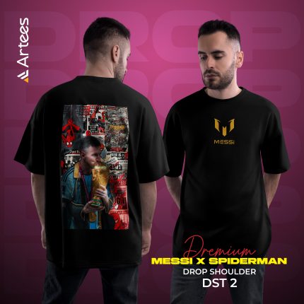 Mens Premium Printed Drop Shoulder T-shirt- Messi x Spiderman DST 2
