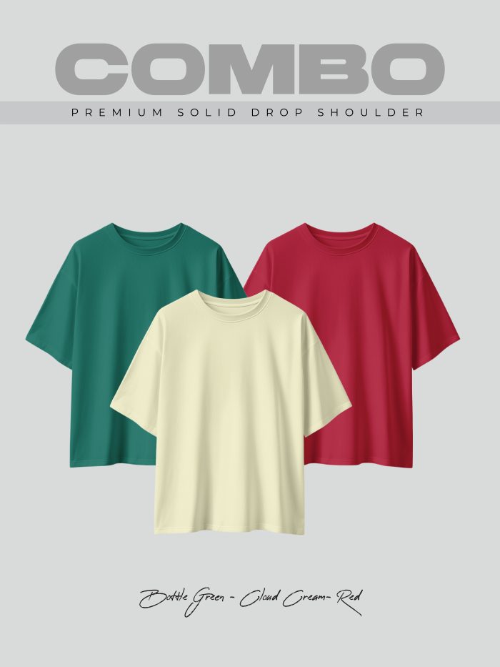 3 Pcs Premium Solid Drop Shoulder T-shirt- Combo 09 - Image 1