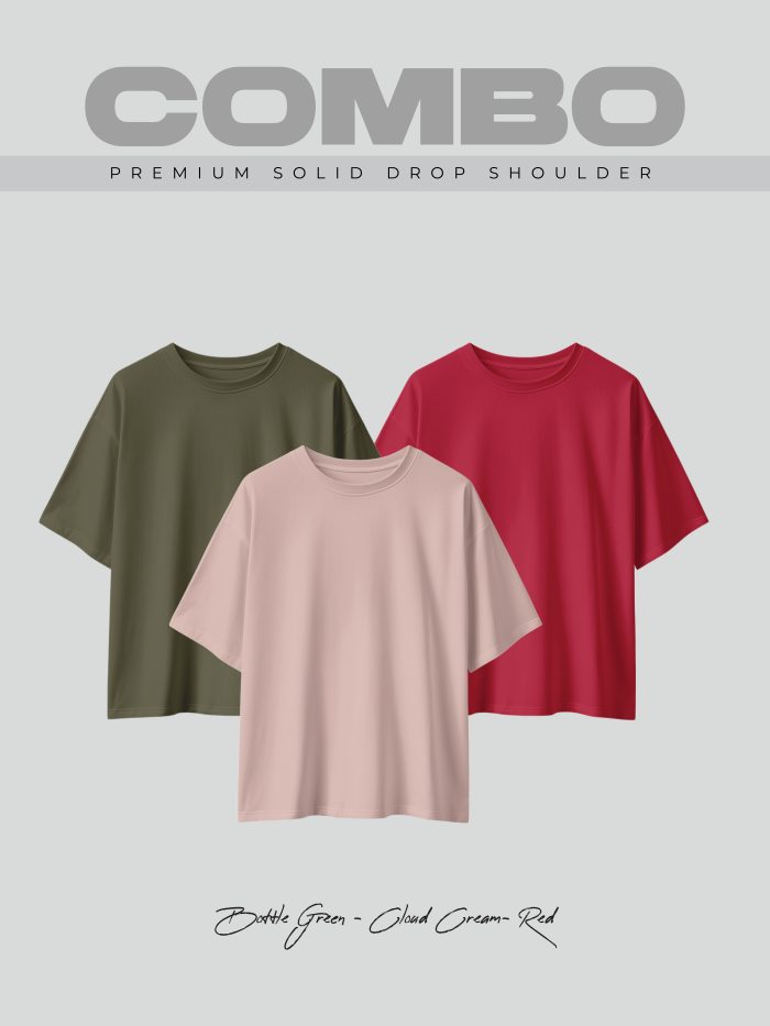 3 Pcs Premium Solid Drop Shoulder T-shirt- Combo 10 - Image 1