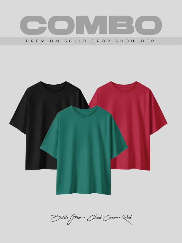 3 Pcs Premium Solid Drop Shoulder T-shirt- Combo 11 - Image 1
