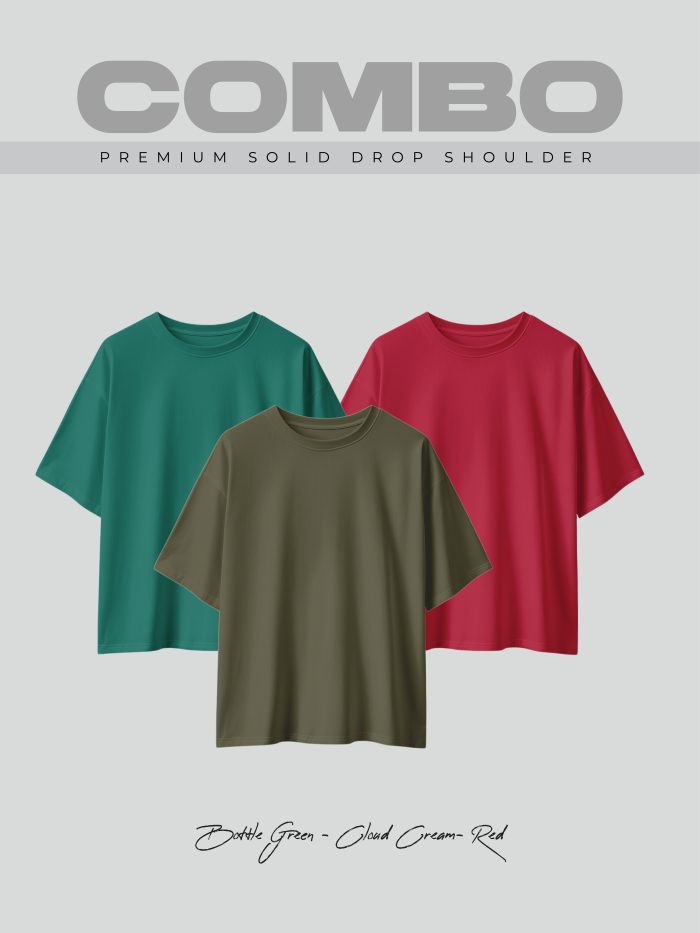 3 Pcs Premium Solid Drop Shoulder T-shirt- Combo 12 - Image 1