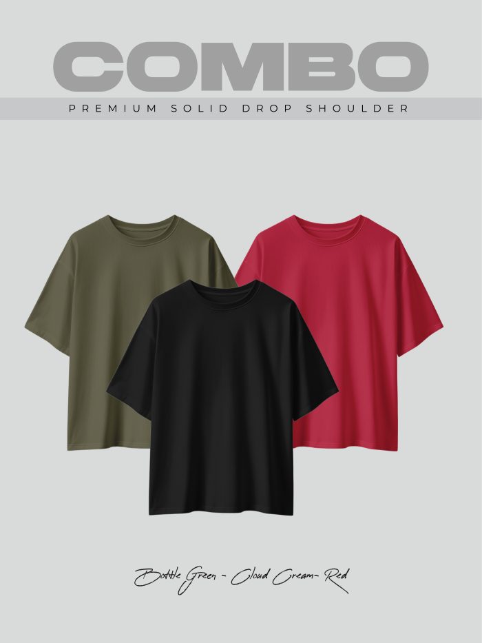 3 Pcs Premium Solid Drop Shoulder T-shirt- Combo 13 - Image 1