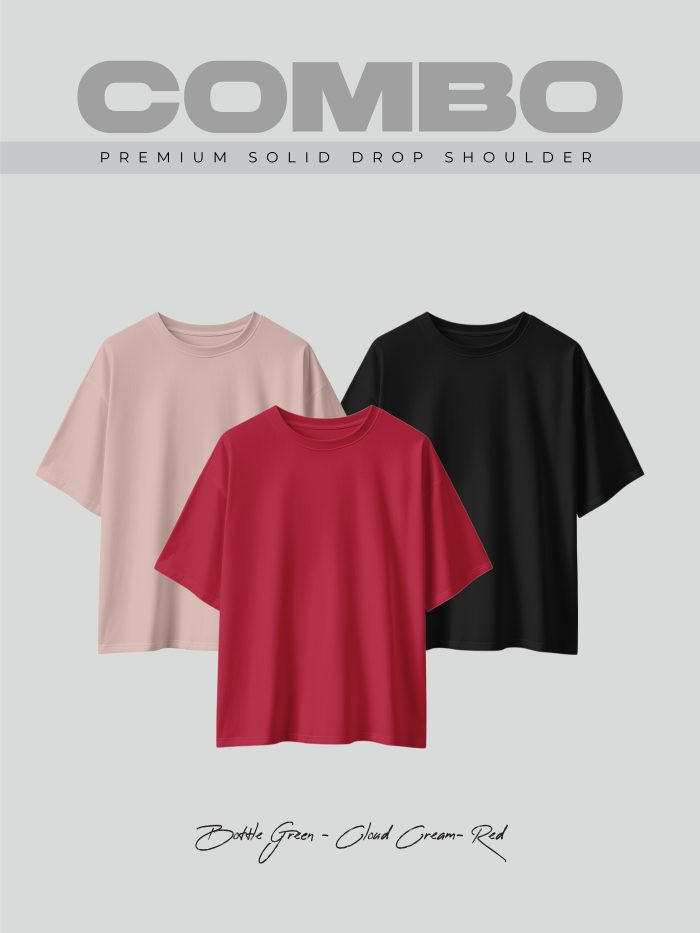 3 Pcs Premium Solid Drop Shoulder T-shirt- Combo 14 - Image 1