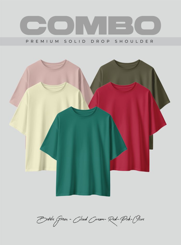 5 Pcs Premium Solid Drop Shoulder T-shirt- Combo 15 - Image 1