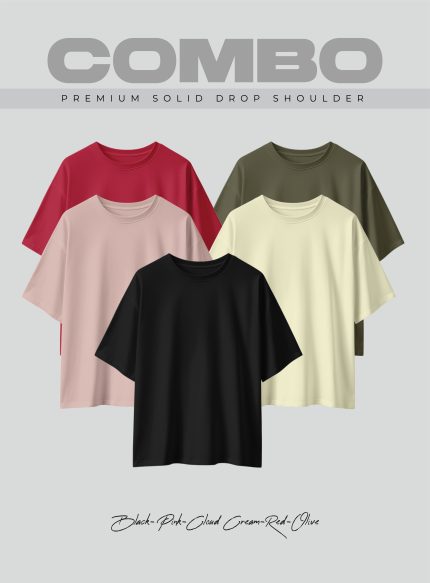 5 Pcs Premium Solid Drop Shoulder T-shirt- Combo 16