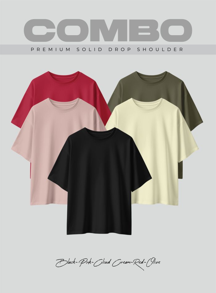 5 Pcs Premium Solid Drop Shoulder T-shirt- Combo 16 - Image 1