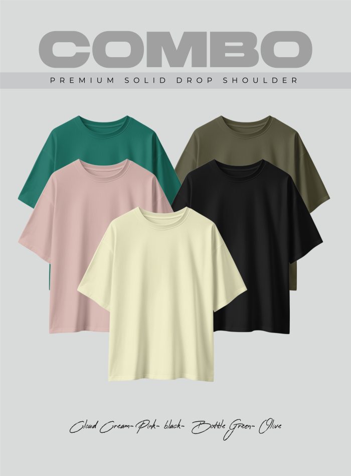 5 Pcs Premium Solid Drop Shoulder T-shirt- Combo 20 - Image 1