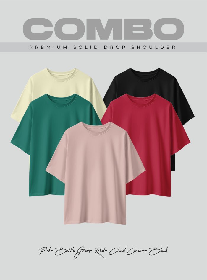 5 Pcs Premium Solid Drop Shoulder T-shirt- Combo 17 - Image 1