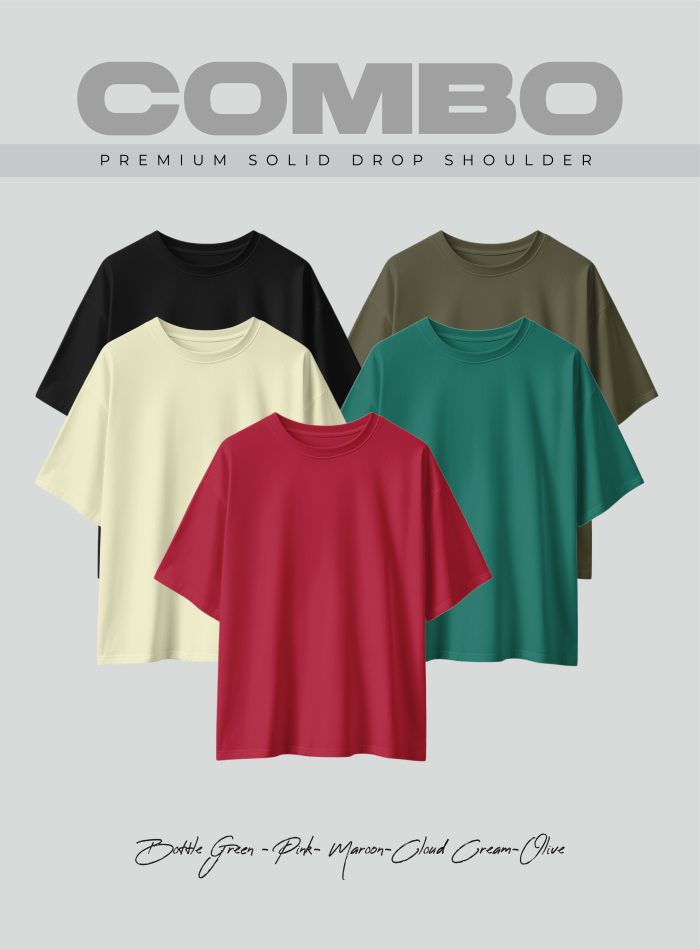 5 Pcs Premium Solid Drop Shoulder T-shirt- Combo 18 - Image 1