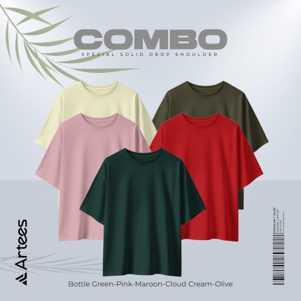 5 Pcs Premium Solid Drop Shoulder T-shirt- Combo 1