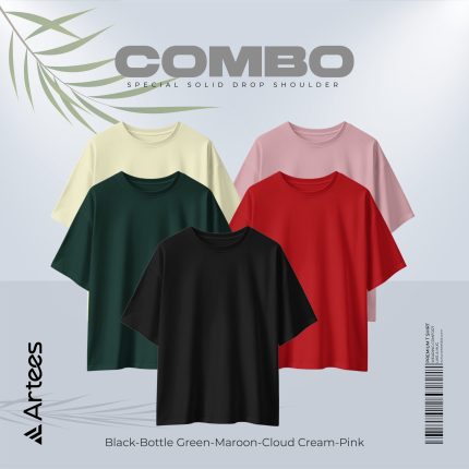 5 Pcs Premium Solid Drop Shoulder T-shirt- Combo 4