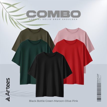 5 Pcs Premium Solid Drop Shoulder T-shirt- Combo 5