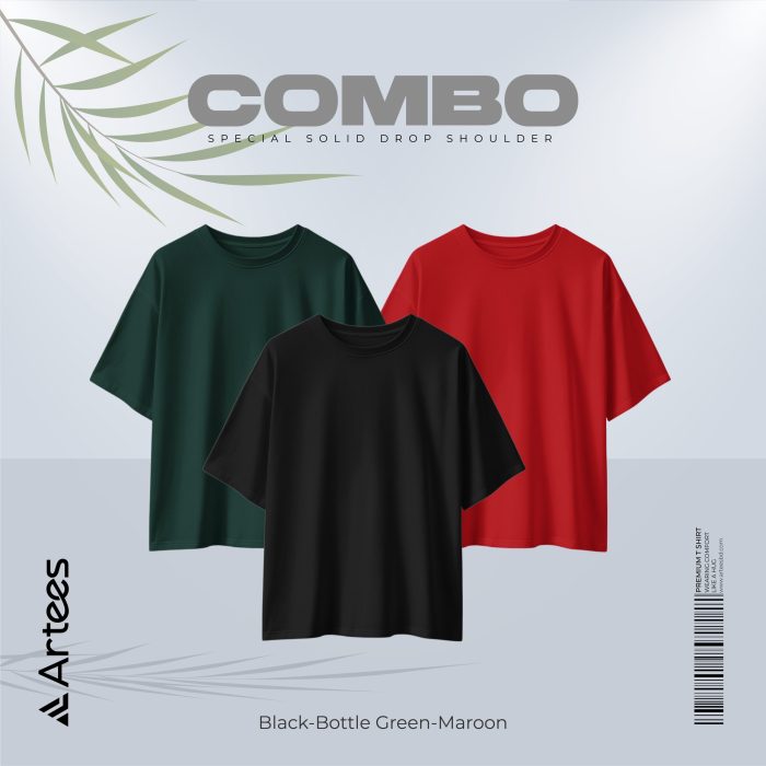 3 Pcs Premium Solid Drop Shoulder T-shirt- Combo 6 - Image 1