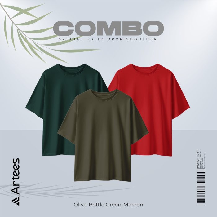 3 Pcs Premium Solid Drop Shoulder T-shirt- Combo 7 - Image 1