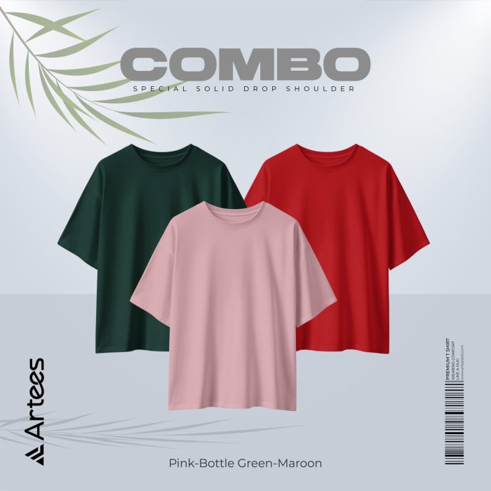 3 Pcs Premium Solid Drop Shoulder T-shirt- Combo 8 - Image 1