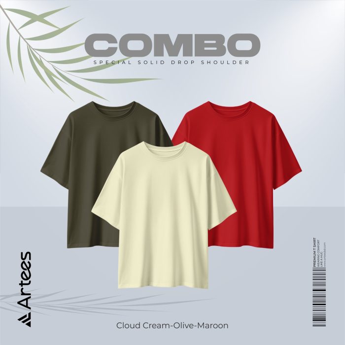 3 Pcs Premium Solid Drop Shoulder T-shirt- Combo 17 - Image 1