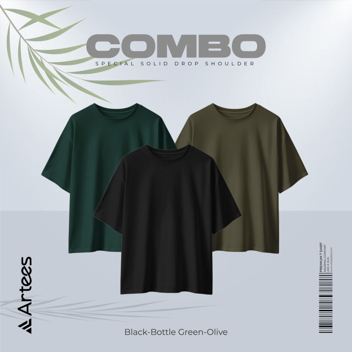 3 Pcs Premium Solid Drop Shoulder T-shirt- Combo 14 - Image 1