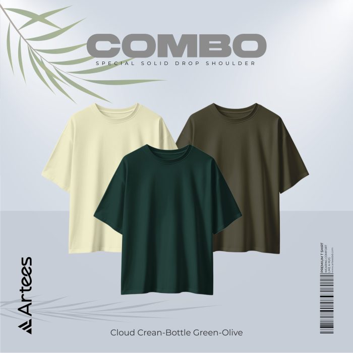 3 Pcs Premium Solid Drop Shoulder T-shirt- Combo 13 - Image 1